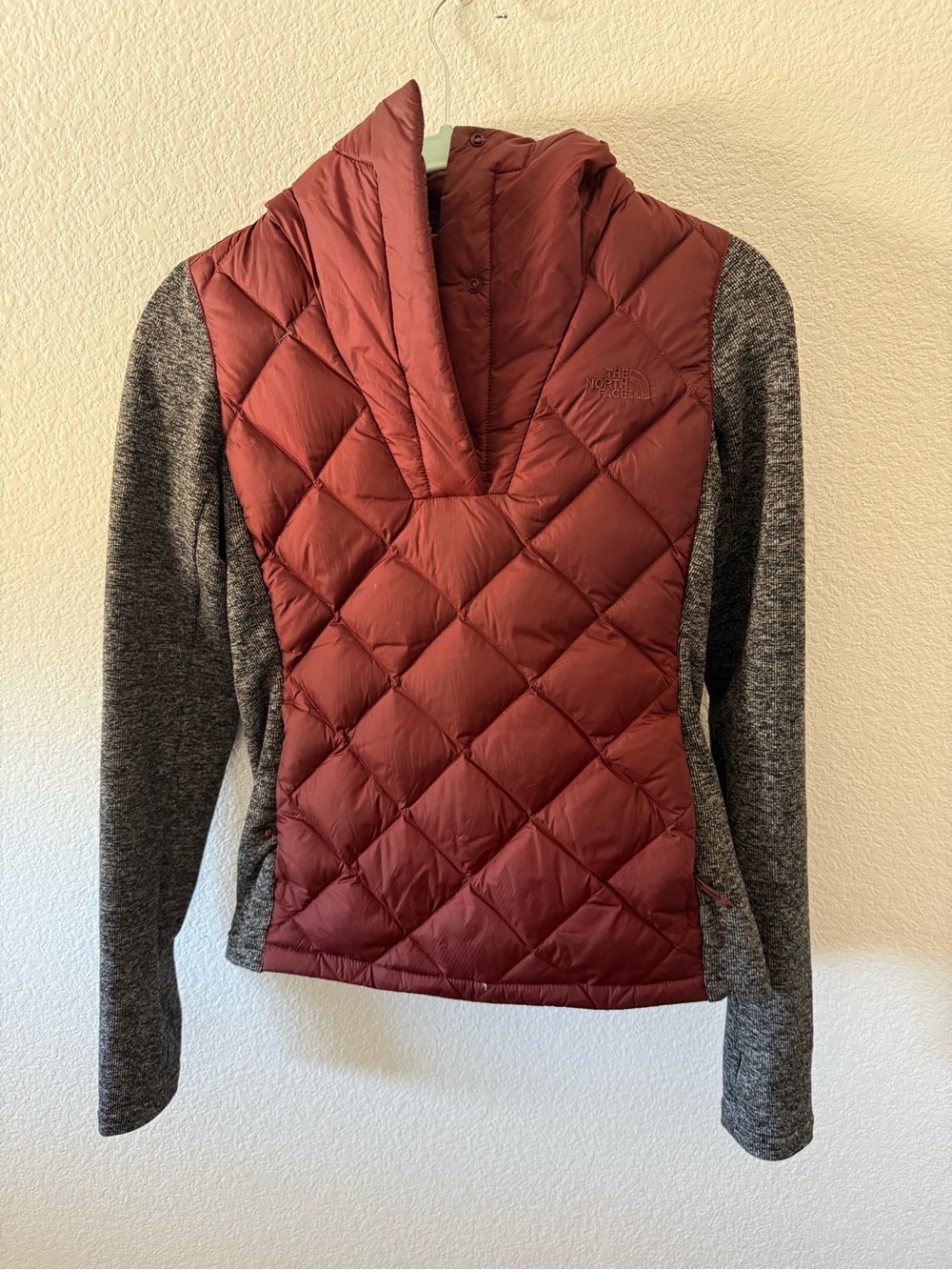 The North Face Burgundy Quilted Front Pullover with Gray Sleeves